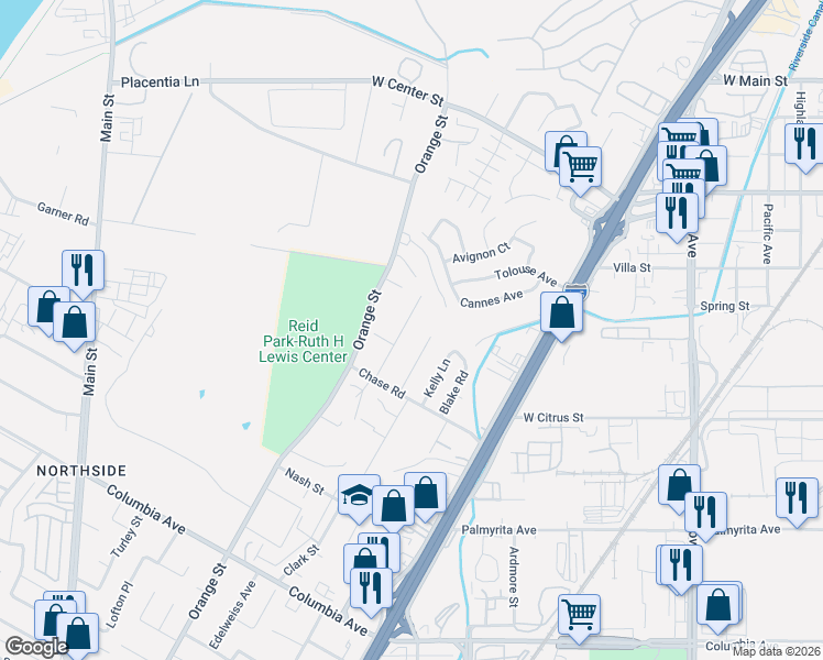 map of restaurants, bars, coffee shops, grocery stores, and more near 722 Kemp Street in Riverside