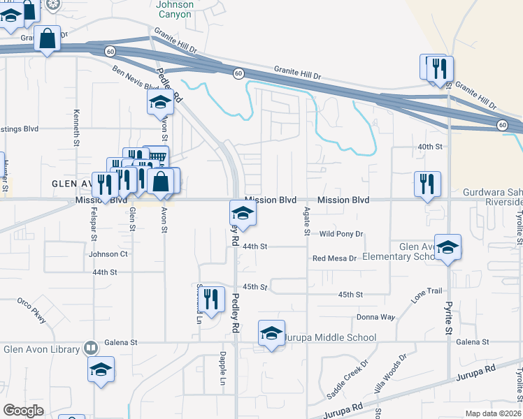 map of restaurants, bars, coffee shops, grocery stores, and more near 8744 Mission Boulevard in Riverside