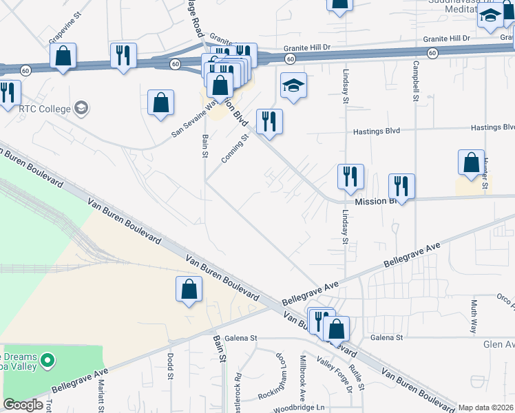 map of restaurants, bars, coffee shops, grocery stores, and more near 9931 Union Street in Riverside