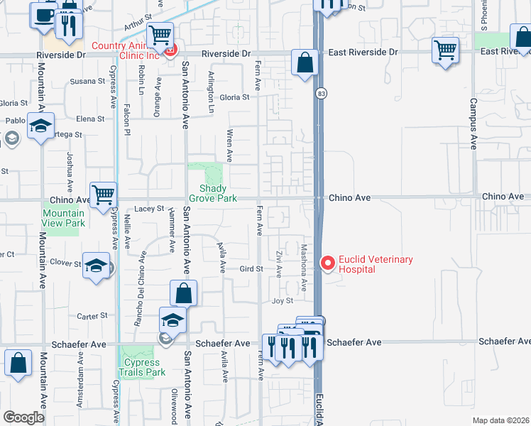 map of restaurants, bars, coffee shops, grocery stores, and more near 13346 Gold Medal Avenue in Chino