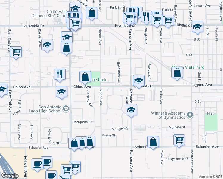 map of restaurants, bars, coffee shops, grocery stores, and more near 13330 Lilac Street in Chino