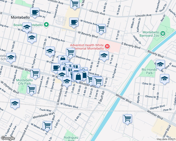 map of restaurants, bars, coffee shops, grocery stores, and more near 405 West Cleveland Avenue in Montebello