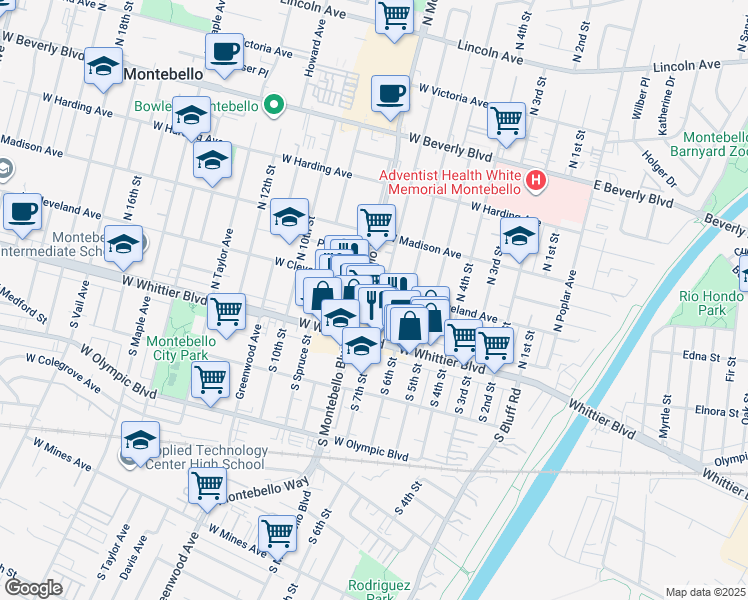 map of restaurants, bars, coffee shops, grocery stores, and more near 140 North Montebello Boulevard in Montebello