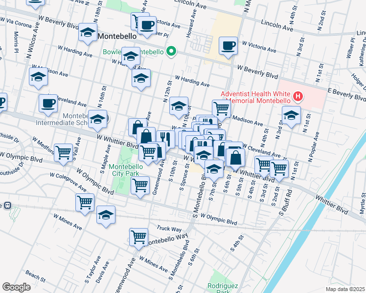 map of restaurants, bars, coffee shops, grocery stores, and more near 113 North Spruce Street in Montebello