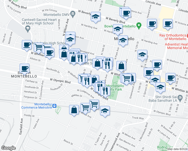 map of restaurants, bars, coffee shops, grocery stores, and more near 125 Rose Lane in Montebello
