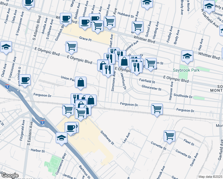 map of restaurants, bars, coffee shops, grocery stores, and more near 1424 South Gerhart Avenue in Commerce