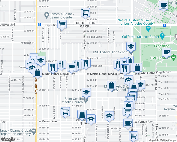 map of restaurants, bars, coffee shops, grocery stores, and more near 1321 West Martin Luther King Junior Boulevard in Los Angeles