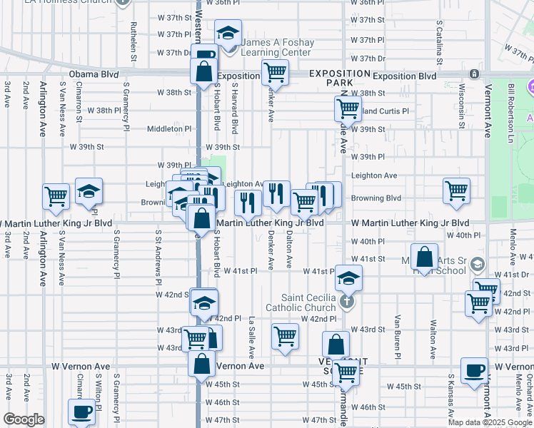 map of restaurants, bars, coffee shops, grocery stores, and more near 1537 West Martin Luther King Junior Boulevard in Los Angeles