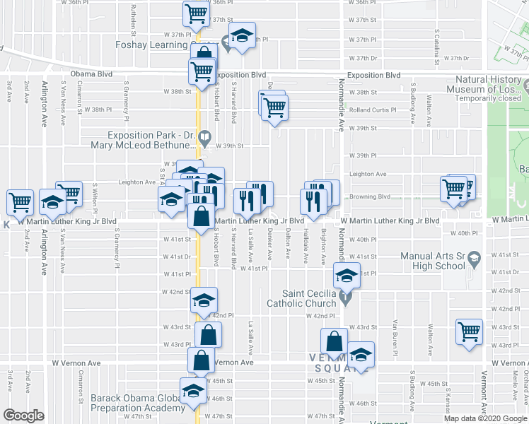 map of restaurants, bars, coffee shops, grocery stores, and more near 1537 West Martin Luther King Junior Boulevard in Los Angeles