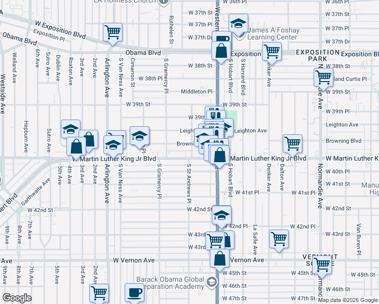map of restaurants, bars, coffee shops, grocery stores, and more near 1755 West Martin Luther King Junior Boulevard in Los Angeles