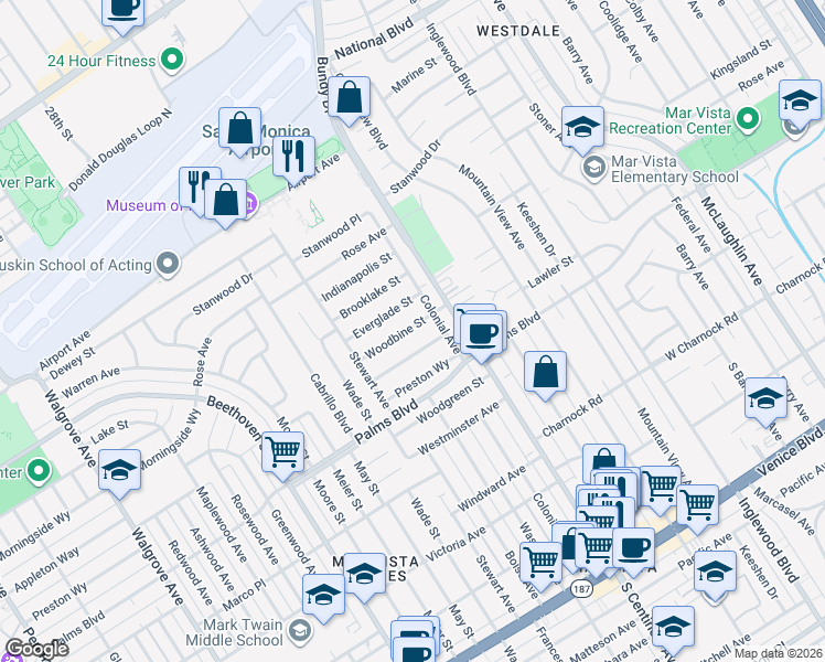 map of restaurants, bars, coffee shops, grocery stores, and more near 12530 Woodbine Street in Los Angeles
