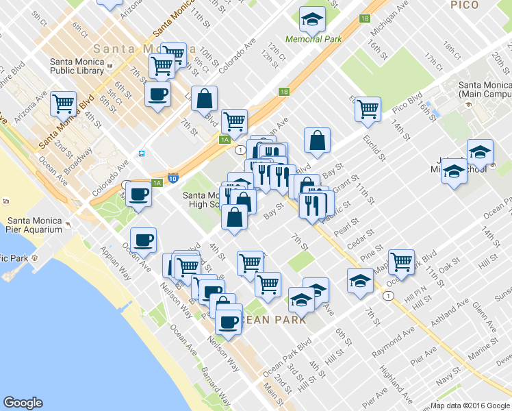 map of restaurants, bars, coffee shops, grocery stores, and more near 631 Bay Street in Santa Monica