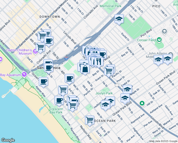 map of restaurants, bars, coffee shops, grocery stores, and more near 1901 6th Street in Santa Monica
