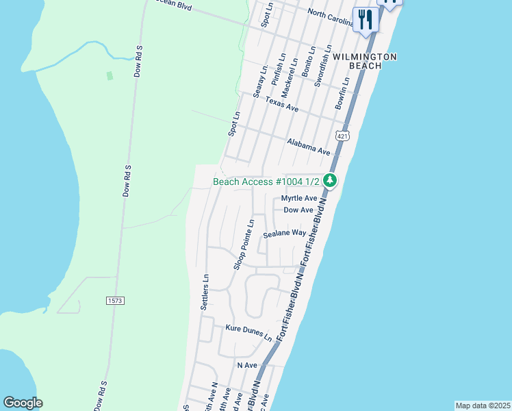 map of restaurants, bars, coffee shops, grocery stores, and more near 770 Sloop Pointe Lane in Kure Beach