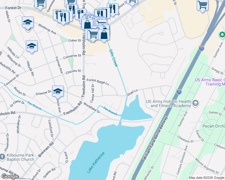map of restaurants, bars, coffee shops, grocery stores, and more near 4827 Quail Lane in Columbia
