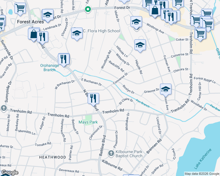map of restaurants, bars, coffee shops, grocery stores, and more near 1735 Bannockburn Drive in Columbia