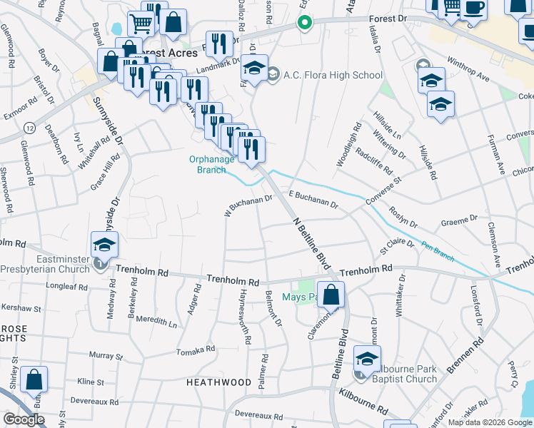 map of restaurants, bars, coffee shops, grocery stores, and more near 3919 Parkman Drive in Columbia