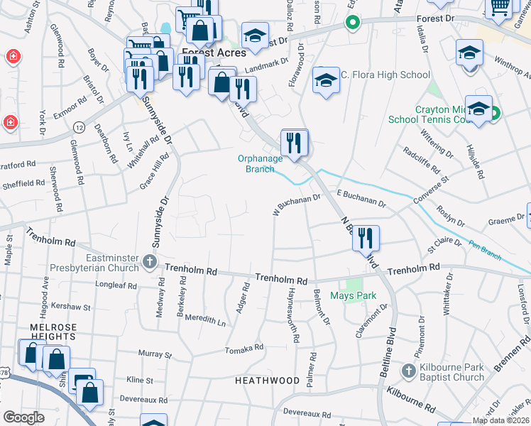 map of restaurants, bars, coffee shops, grocery stores, and more near 1811 West Buchanan Drive in Columbia