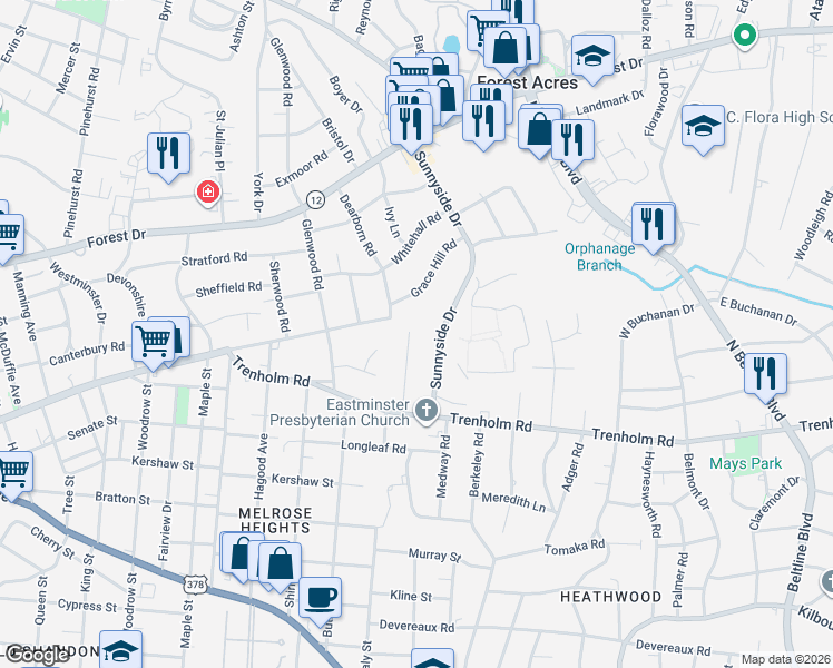 map of restaurants, bars, coffee shops, grocery stores, and more near 1158 Eastminster Drive in Columbia