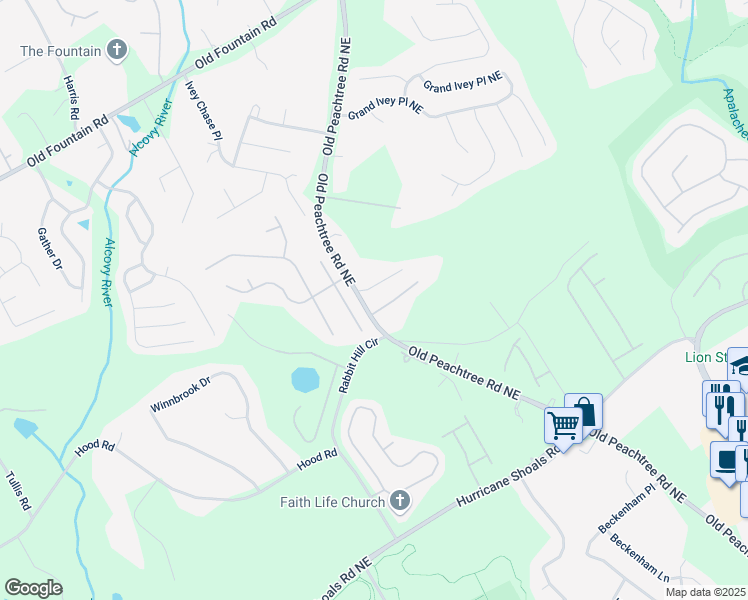 map of restaurants, bars, coffee shops, grocery stores, and more near 2940 Old Peachtree Road Northeast in Dacula