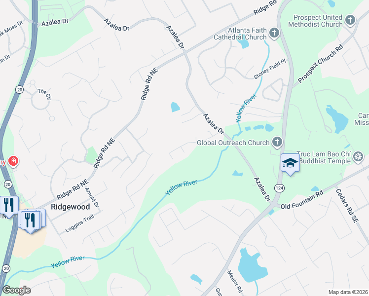 map of restaurants, bars, coffee shops, grocery stores, and more near 1414 Azalea Drive in Lawrenceville