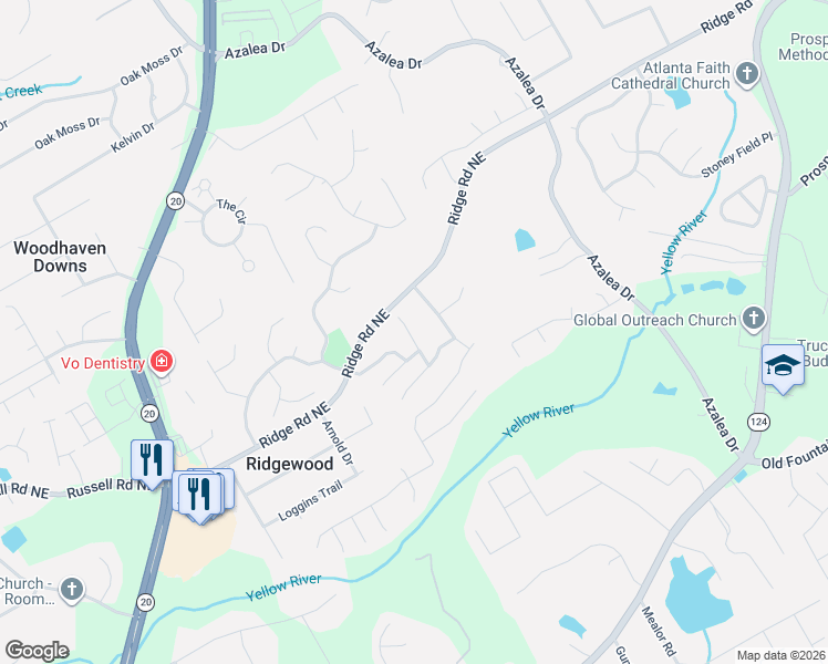 map of restaurants, bars, coffee shops, grocery stores, and more near 1538 Park Knoll Trail Northeast in Lawrenceville