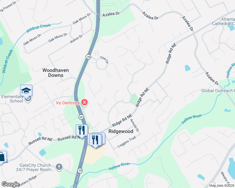 map of restaurants, bars, coffee shops, grocery stores, and more near 868 Branch Tree Court in Lawrenceville