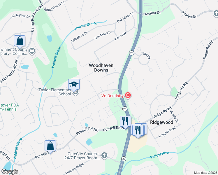 map of restaurants, bars, coffee shops, grocery stores, and more near 725 Taylor School Drive Northeast in Lawrenceville