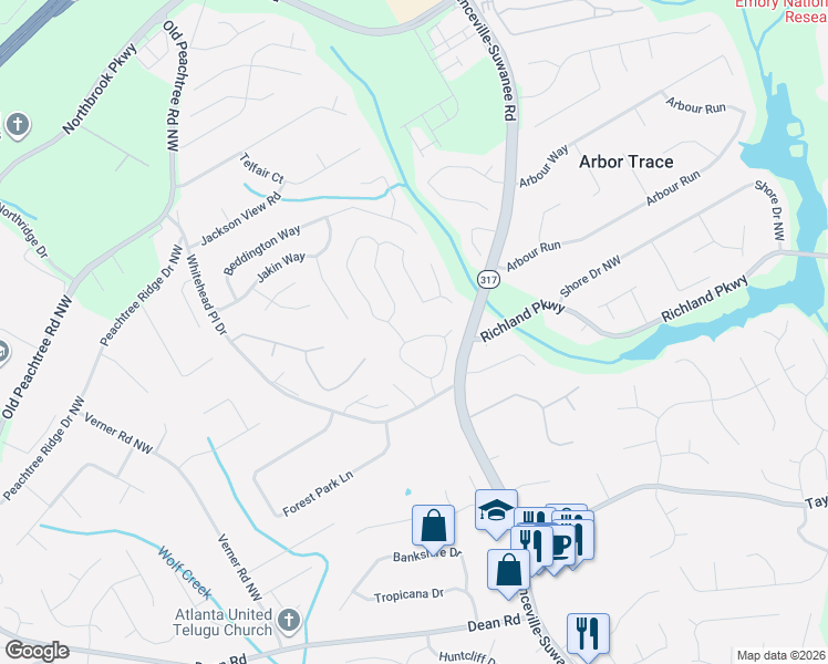 map of restaurants, bars, coffee shops, grocery stores, and more near 2133 Suwanee Lakes Trail Northwest in Suwanee