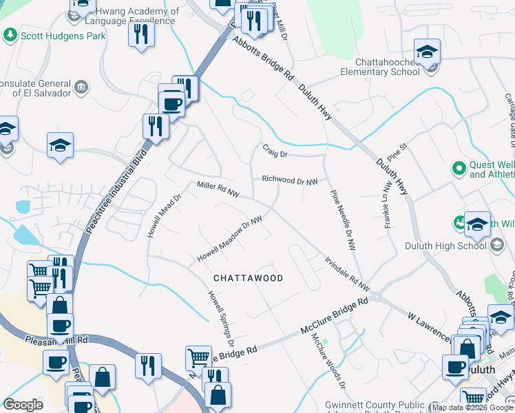 map of restaurants, bars, coffee shops, grocery stores, and more near 3973 Irvindale Road Northwest in Duluth