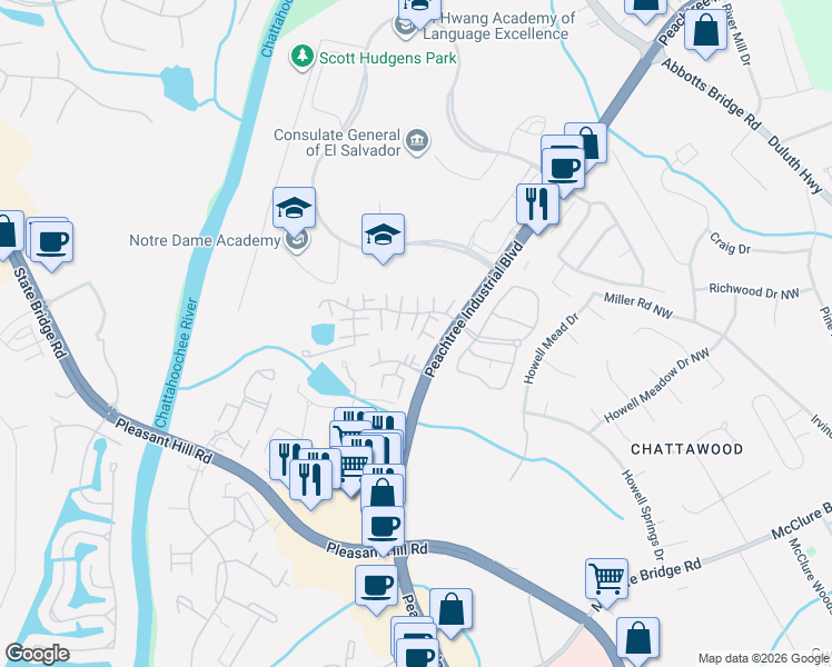 map of restaurants, bars, coffee shops, grocery stores, and more near 4115 Quincey Lane in Duluth