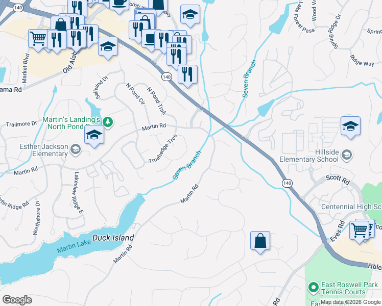 map of restaurants, bars, coffee shops, grocery stores, and more near 275 Sea Holly Circle in Roswell