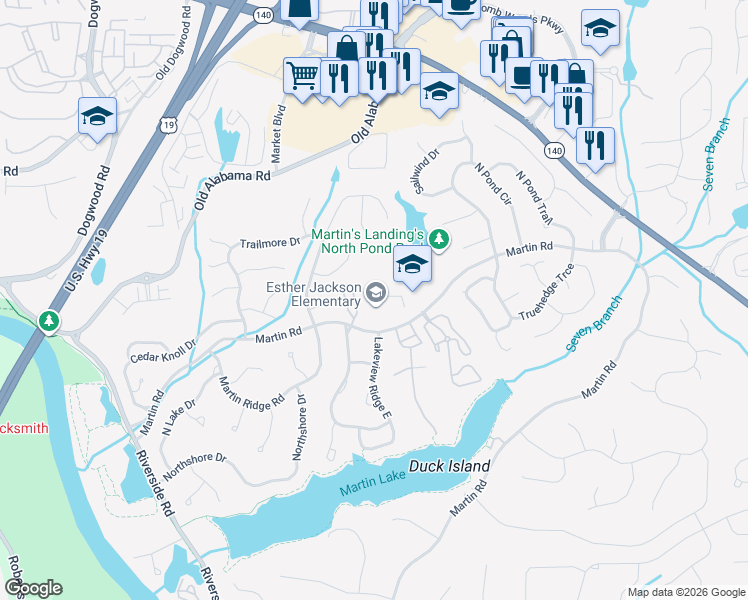 map of restaurants, bars, coffee shops, grocery stores, and more near 1400 Martin Road in Roswell