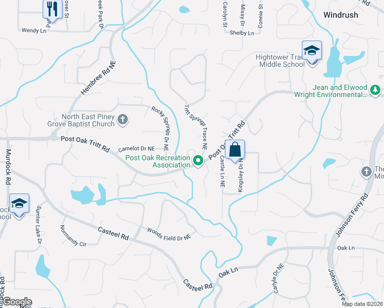 map of restaurants, bars, coffee shops, grocery stores, and more near 3466 Tritt Springs Circle Northeast in Marietta