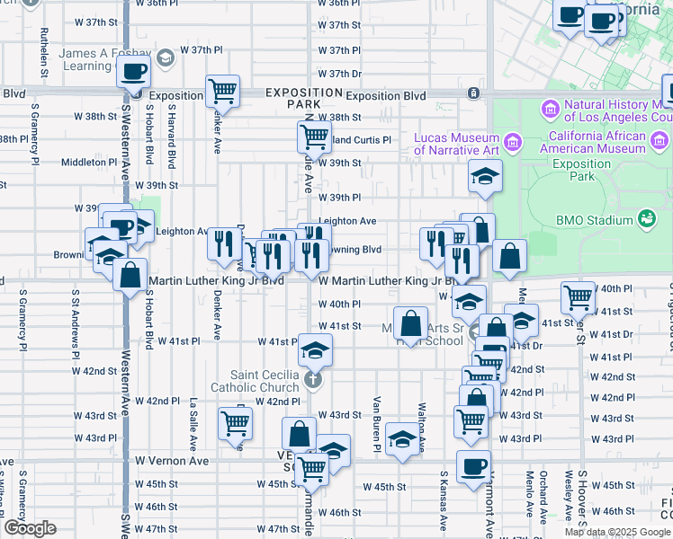 map of restaurants, bars, coffee shops, grocery stores, and more near 1321 West Martin Luther King Junior Boulevard in Los Angeles