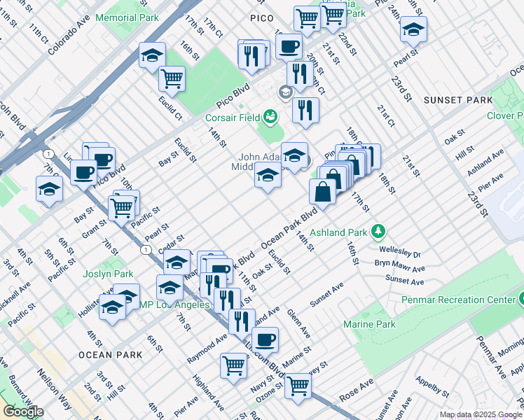 map of restaurants, bars, coffee shops, grocery stores, and more near 1334 Pine Street in Santa Monica
