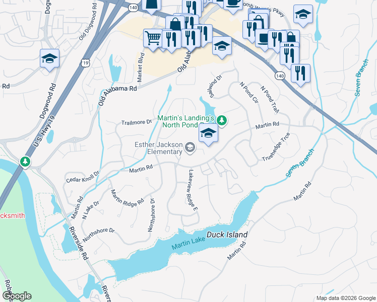 map of restaurants, bars, coffee shops, grocery stores, and more near 1400 Martin Road in Roswell