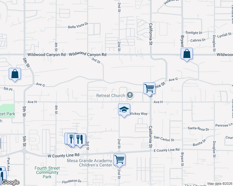 map of restaurants, bars, coffee shops, grocery stores, and more near 34868 Damascus Street in Yucaipa
