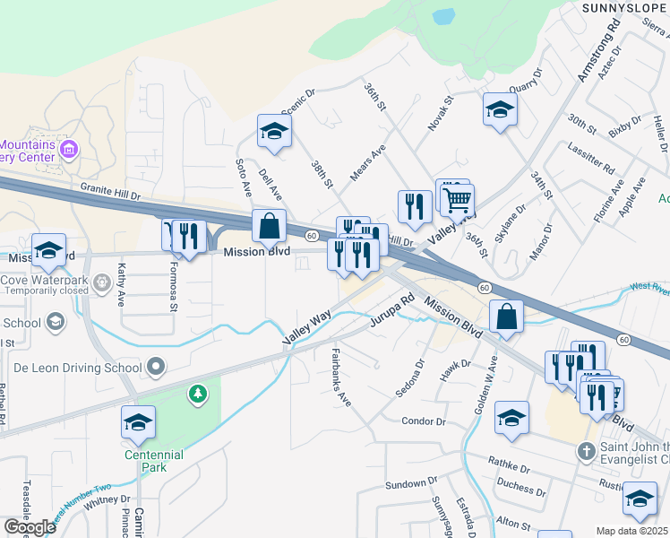 map of restaurants, bars, coffee shops, grocery stores, and more near 7014 Mission Boulevard in Riverside