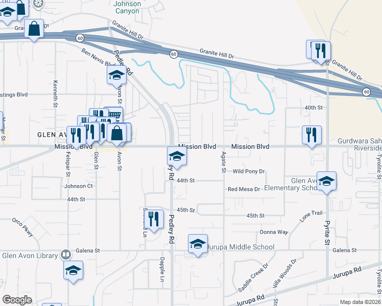 map of restaurants, bars, coffee shops, grocery stores, and more near 8744 Mission Boulevard in Riverside