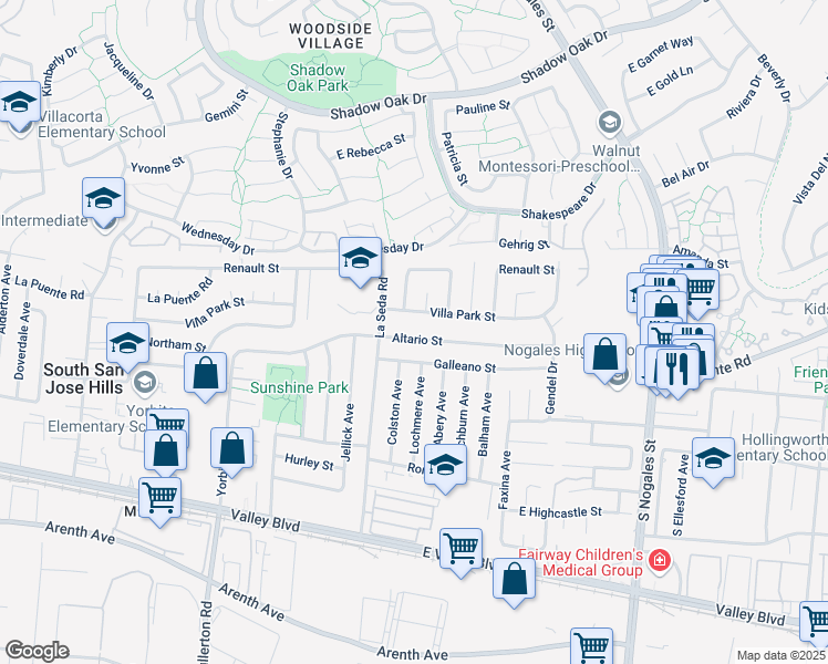 map of restaurants, bars, coffee shops, grocery stores, and more near 18637 Altario Street in La Puente