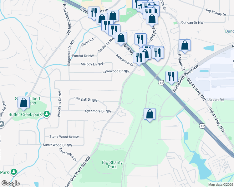 map of restaurants, bars, coffee shops, grocery stores, and more near 2108 Kennesaw Due West Road Northwest in Kennesaw
