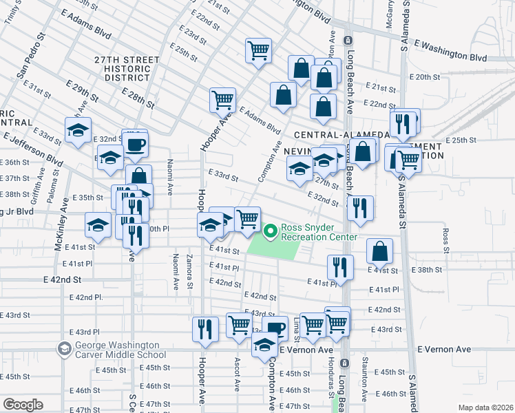 map of restaurants, bars, coffee shops, grocery stores, and more near 1515 East Martin Luther King Junior Boulevard in Los Angeles