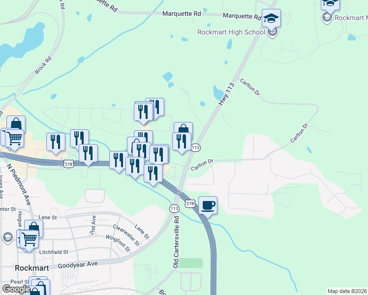 map of restaurants, bars, coffee shops, grocery stores, and more near 802 Cartersville Highway in Rockmart