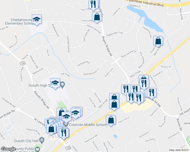 map of restaurants, bars, coffee shops, grocery stores, and more near 2806 Summercrest Lane in Duluth