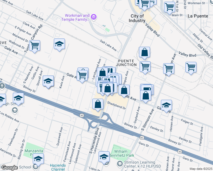 map of restaurants, bars, coffee shops, grocery stores, and more near 1104 South Hacienda Boulevard in Hacienda Heights