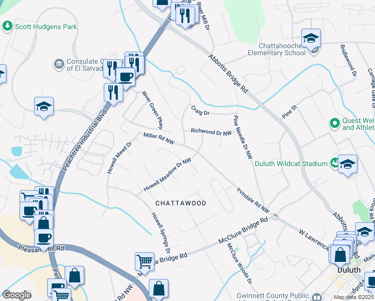 map of restaurants, bars, coffee shops, grocery stores, and more near 3963 Casey Glen Court in Duluth