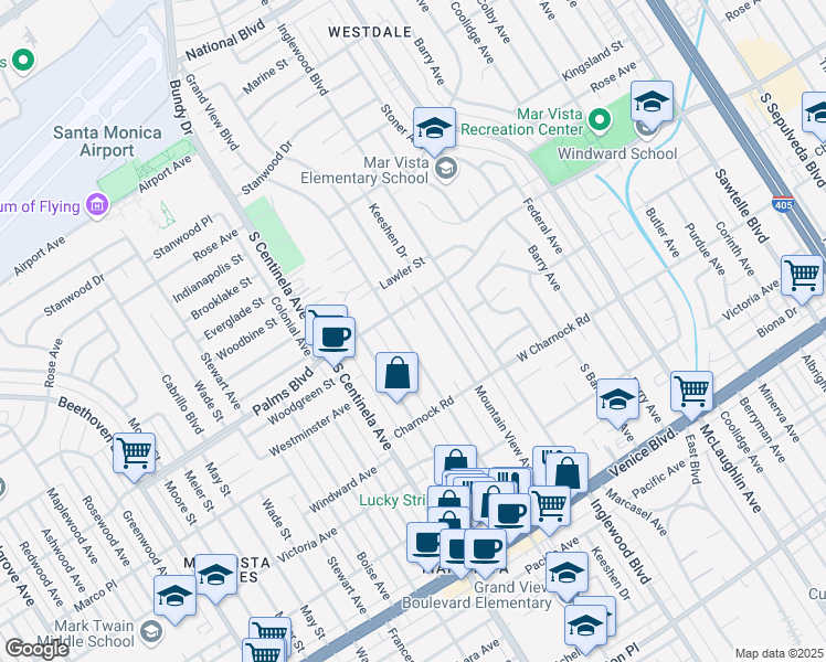 map of restaurants, bars, coffee shops, grocery stores, and more near 3524 Grand View Boulevard in Los Angeles