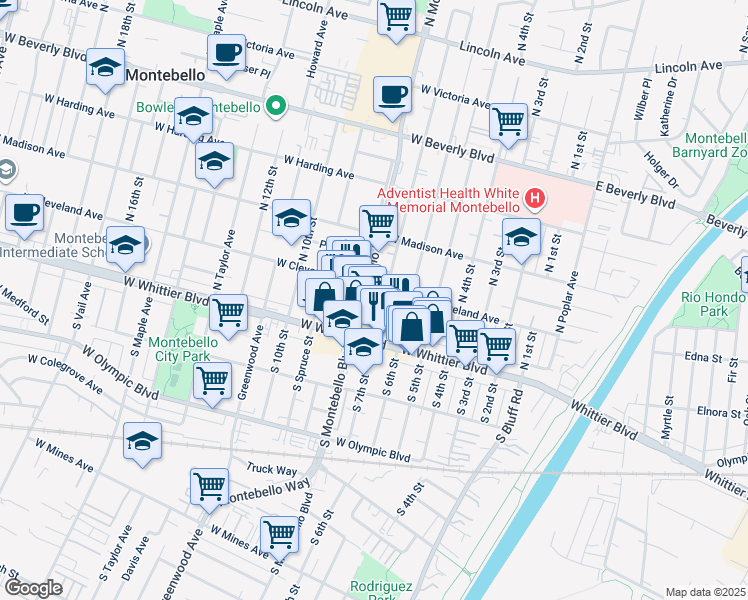 map of restaurants, bars, coffee shops, grocery stores, and more near 140 North Montebello Boulevard in Montebello