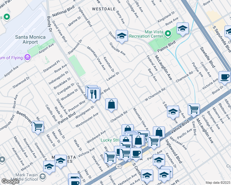 map of restaurants, bars, coffee shops, grocery stores, and more near 3524 Grand View Boulevard in Los Angeles
